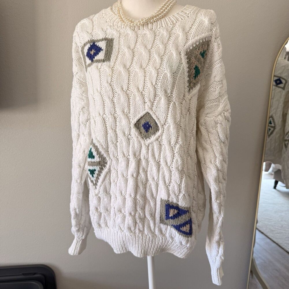 VTG Claiborne Knitted By Hand Cable Knit Sweater Coastal Eclectic Dolman Sleeve